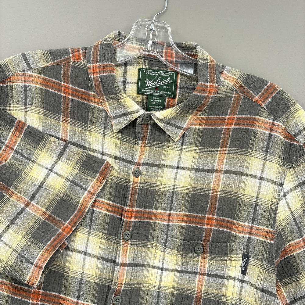 Woolrich Shirt Mens XL Gray Yellow Plaid Short Sleeve Crinkle Button Up AC